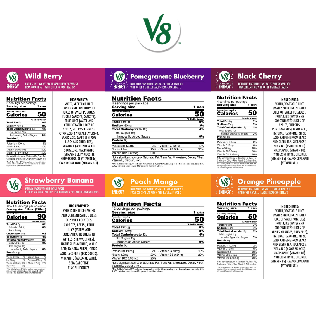 V8 Energy Drinks – Sparkling & Fruity Variety Pack – 12 Count (6 Flavors, 2 Each)