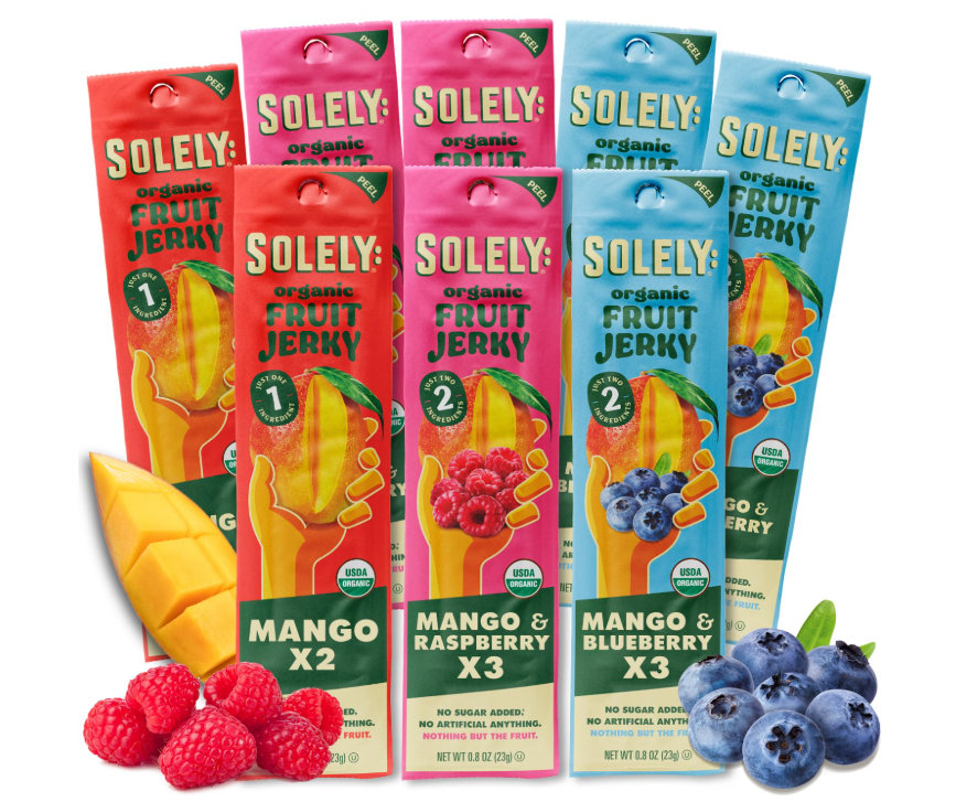 Solely Fruit Jerky Variety Pack – 8 Fruit Jerky Strips – Mango, Mango & Raspberry, Mango & Blueberry – Gluten Free, Vegan, No Added Sugar, Healthy Fruit Snack Assortment