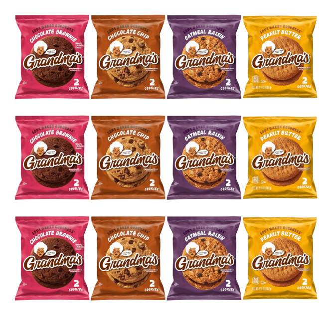Grandma's Cookies Variety Pack – 12 Individually Wrapped Cookies | Chocolate Chip, Chocolate Brownie, Peanut Butter & Oatmeal Raisin | 3 of Each Flavor