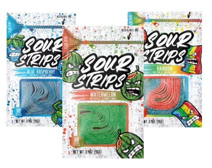 Sour Strips Candy Variety Pack, 6 Count – 2 Watermelon, 2 Rainbow & 2 Blue Raspberry Flavors – Assorted Vegan Sour Candy Belts – Soft, Chewy & Sweet Tart Candy