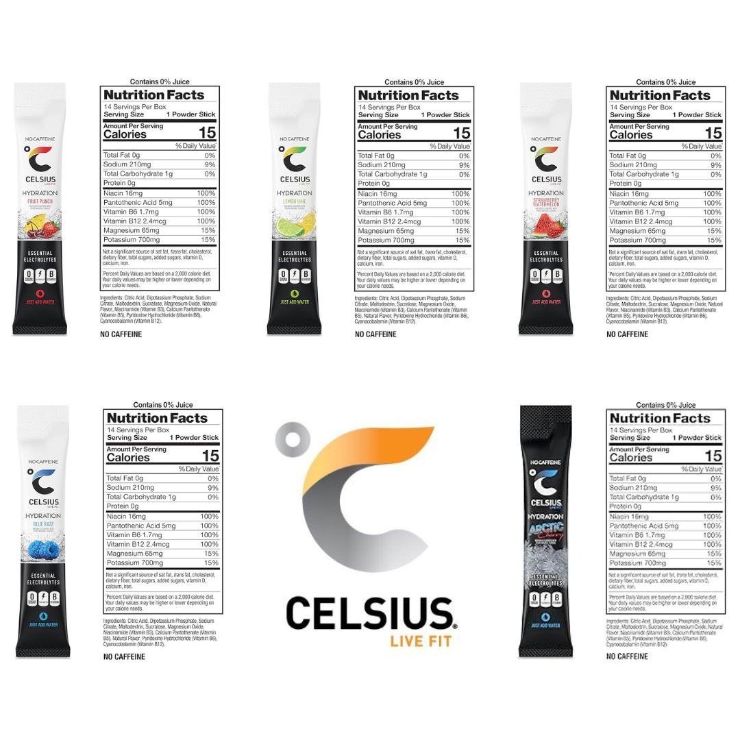 Celsius Hydration Powder Sticks – Essential Flavor Variety – 15 Count (5 Flavors)