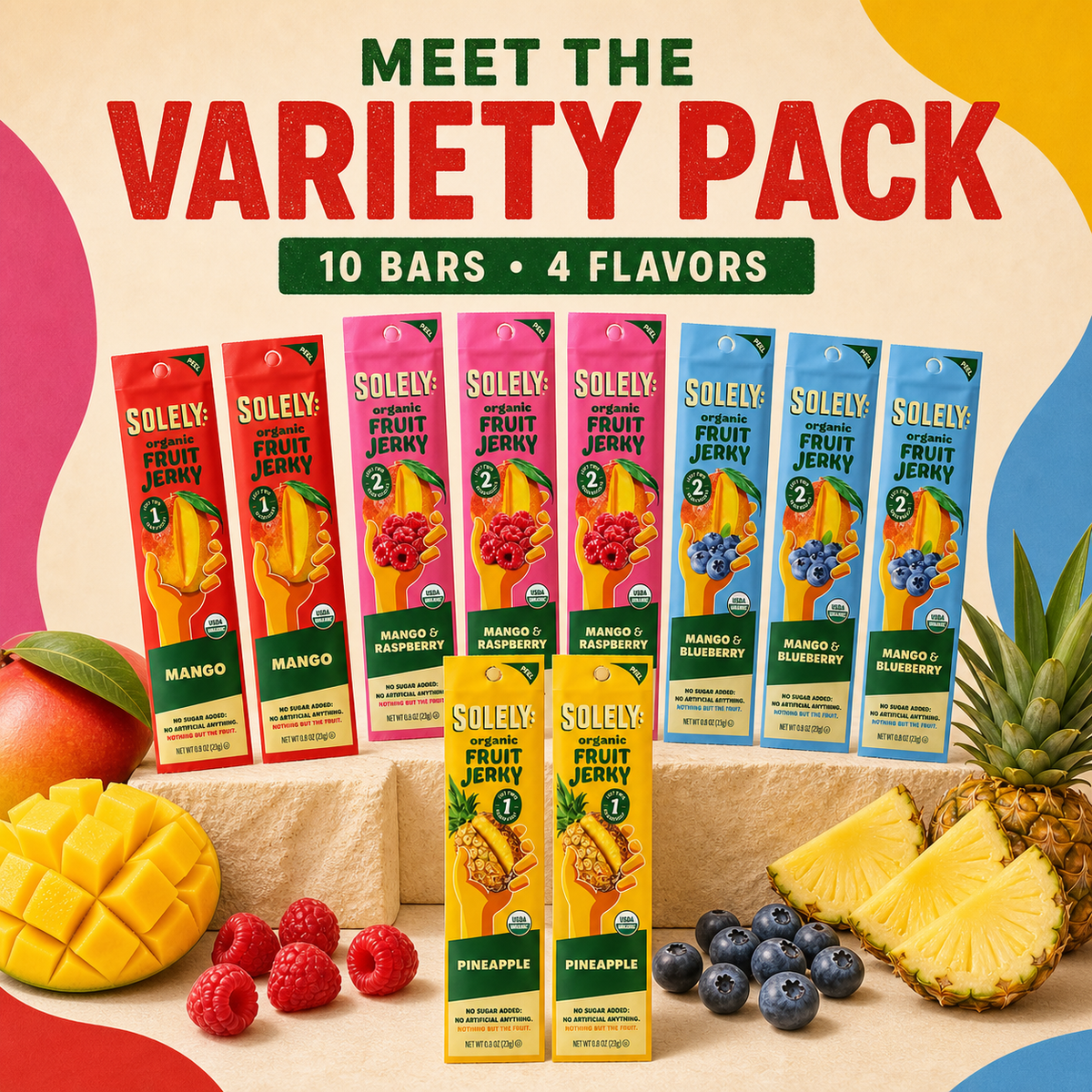 Solely Organic Fruit Jerky Variety Pack – 10 Individual Bars, 4 Flavors