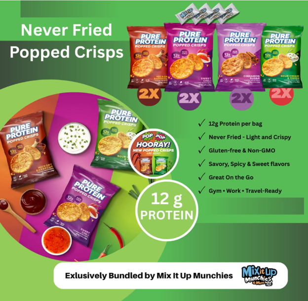 Pure Protein Popped Crisps – 8 Bag Variety Pack – 4 Flavors