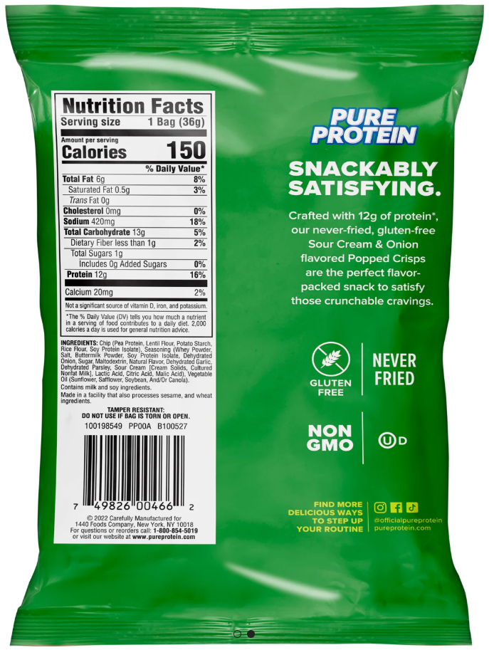 Pure Protein Popped Crisps – Sour Cream & Onion – Single Bag
